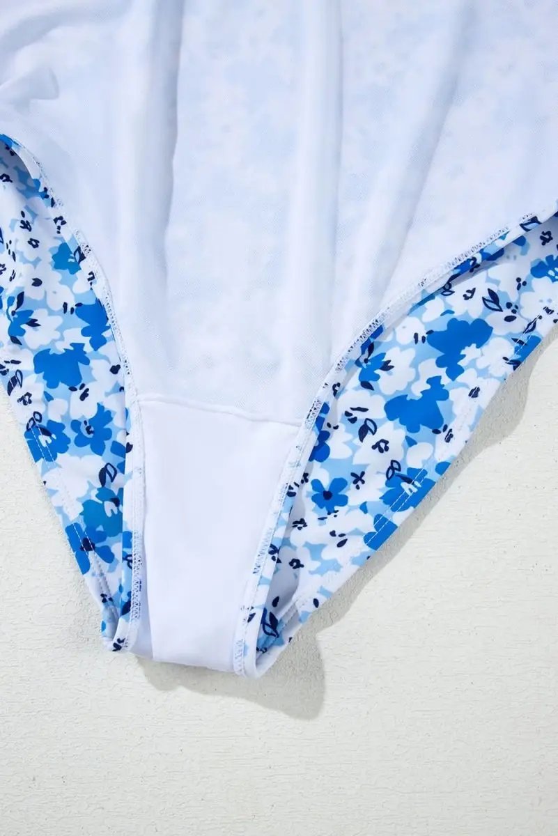 Blue Bohemian Floral Ruffled Lace-Up One-Piece Swimsuit - Love Salve